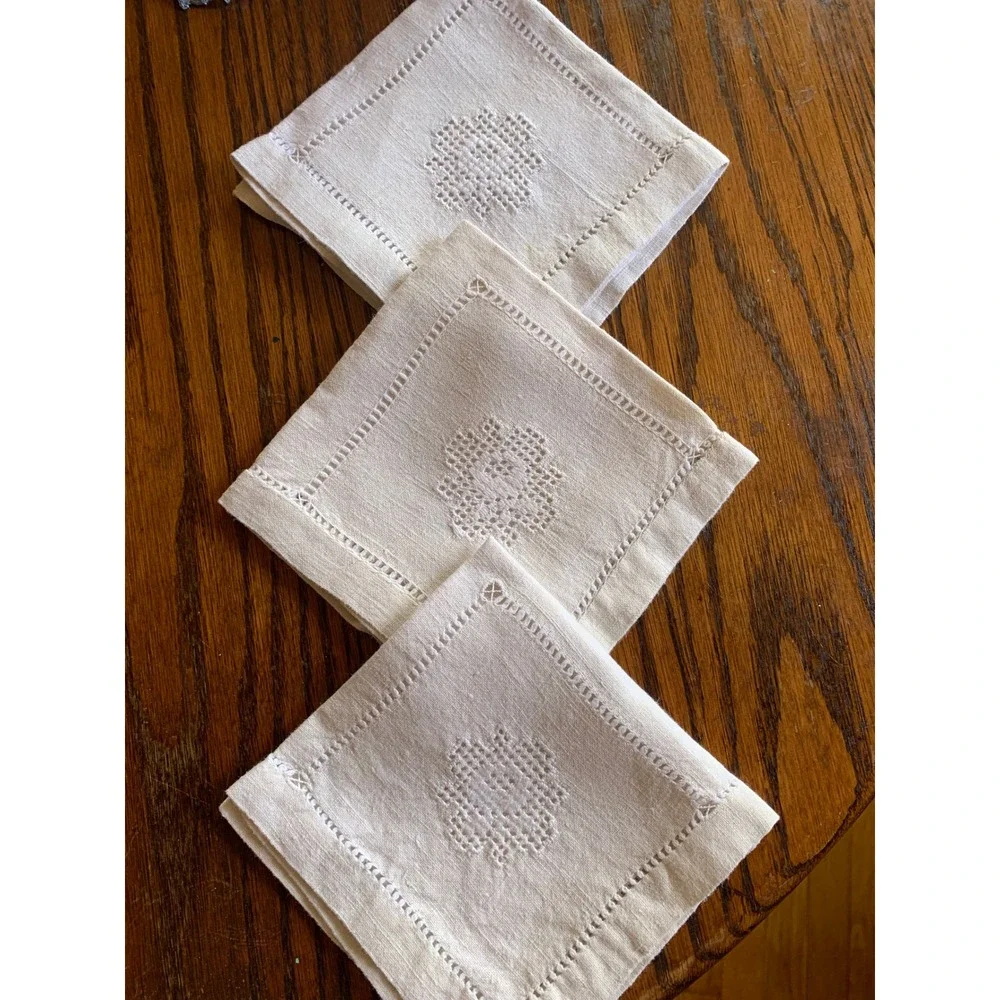 Vintage Hand Embroidered Linen Cocktail Napkins Set of 3 Cream Hemstitch Floral